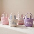 Personalized bunny ear Easter baskets in rope cotton with children's names in pink, white and purple