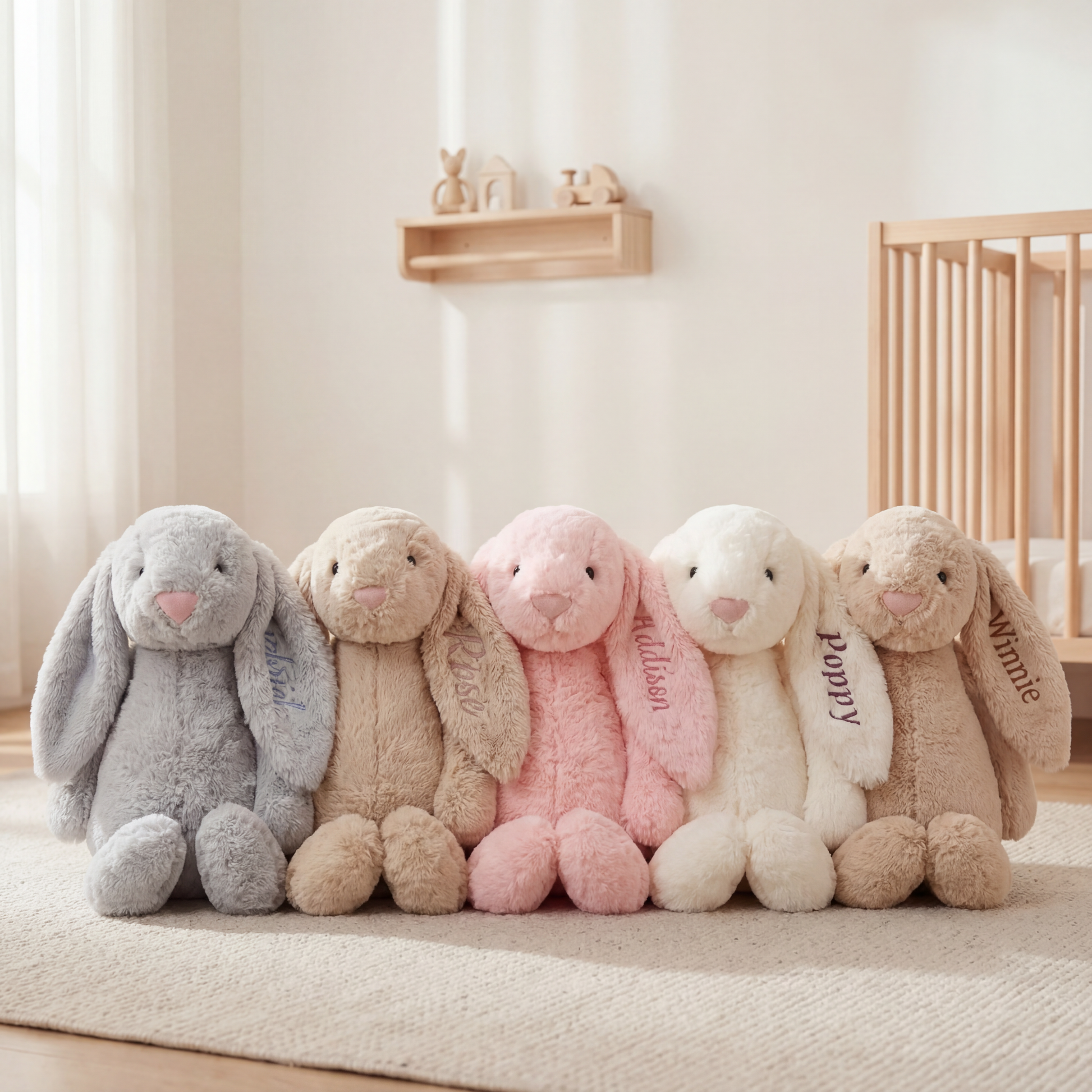 Personalized bunny plush toys with names embroidered on the ear in grey, beige, pink, cream and tan
