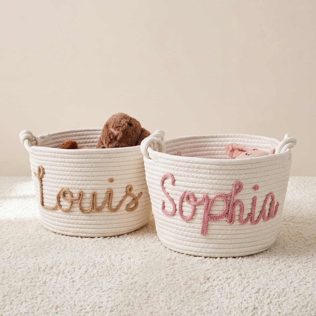 Personalized cotton rope storage baskets with hand-knitted yarn names in beige and pink