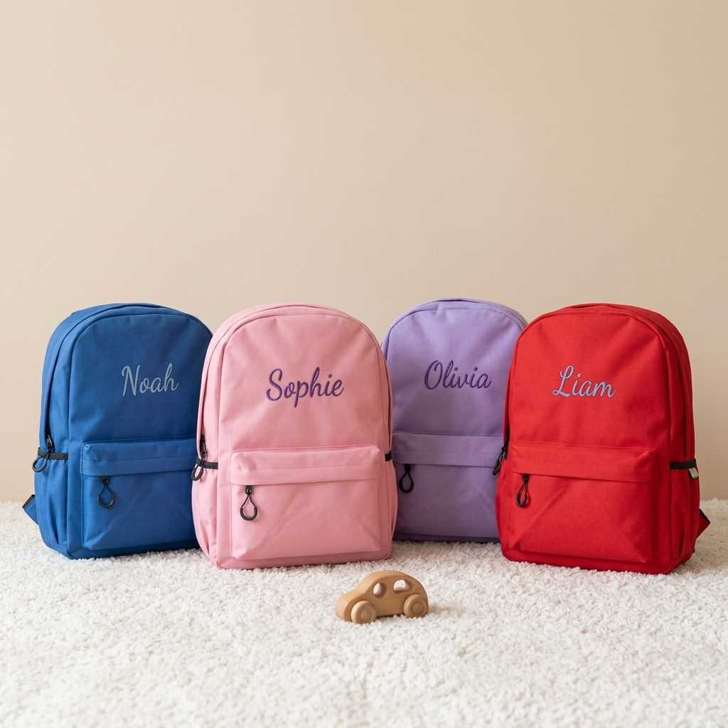 Personalized mini backpacks with embroidered names in blue, pink, lilac and red