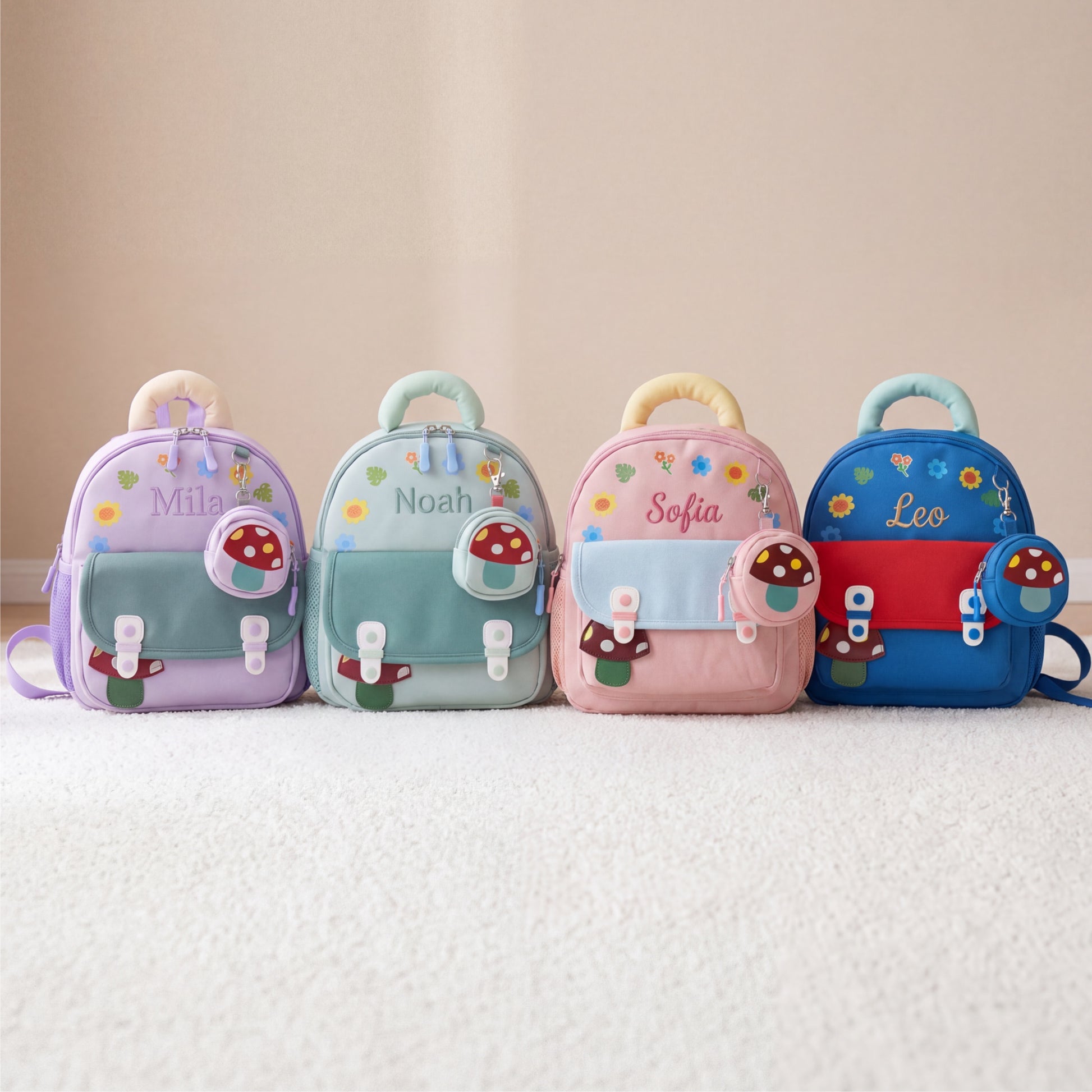 Personalized pastel toddler backpacks with embroidered names, floral details and mushroom coin purses