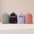 Corduroy kids backpacks with custom names in chunky 3D chenille letters in sage, black, lavender and pink