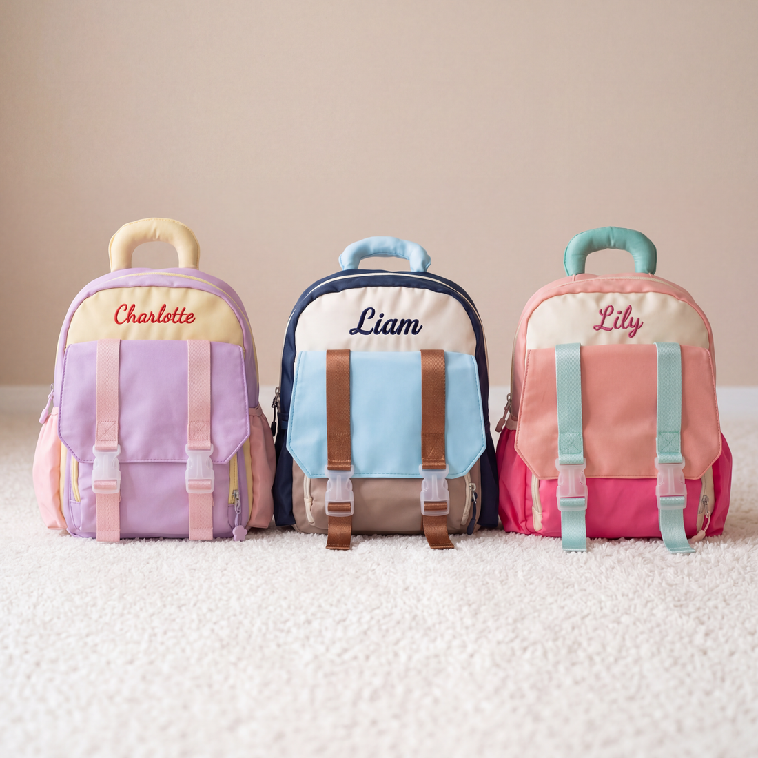 Personalized pastel toddler backpacks with embroidered names in lavender, navy blue and coral pink