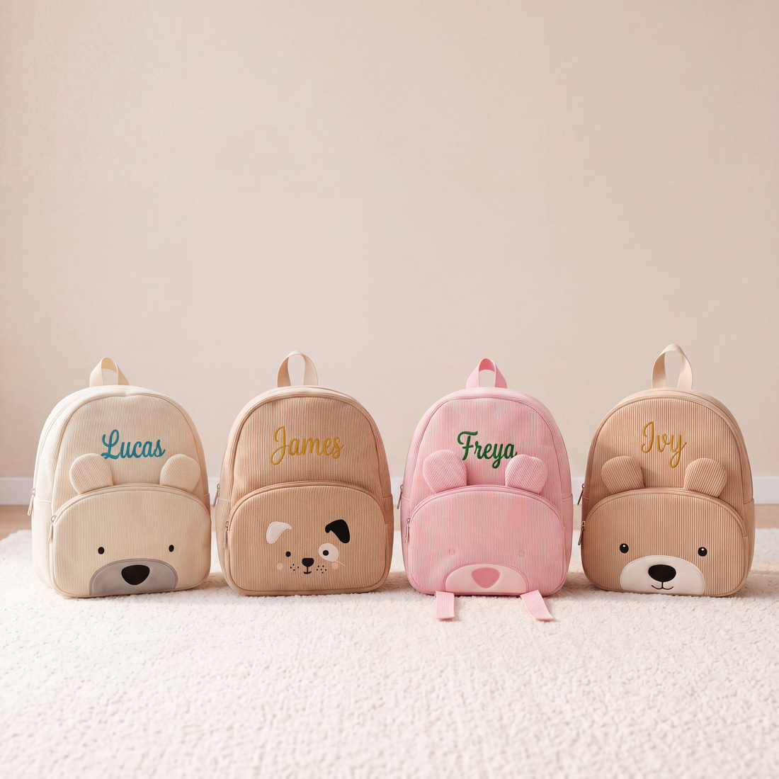 Personalized corduroy toddler backpacks with bear and puppy animal faces and embroidered names