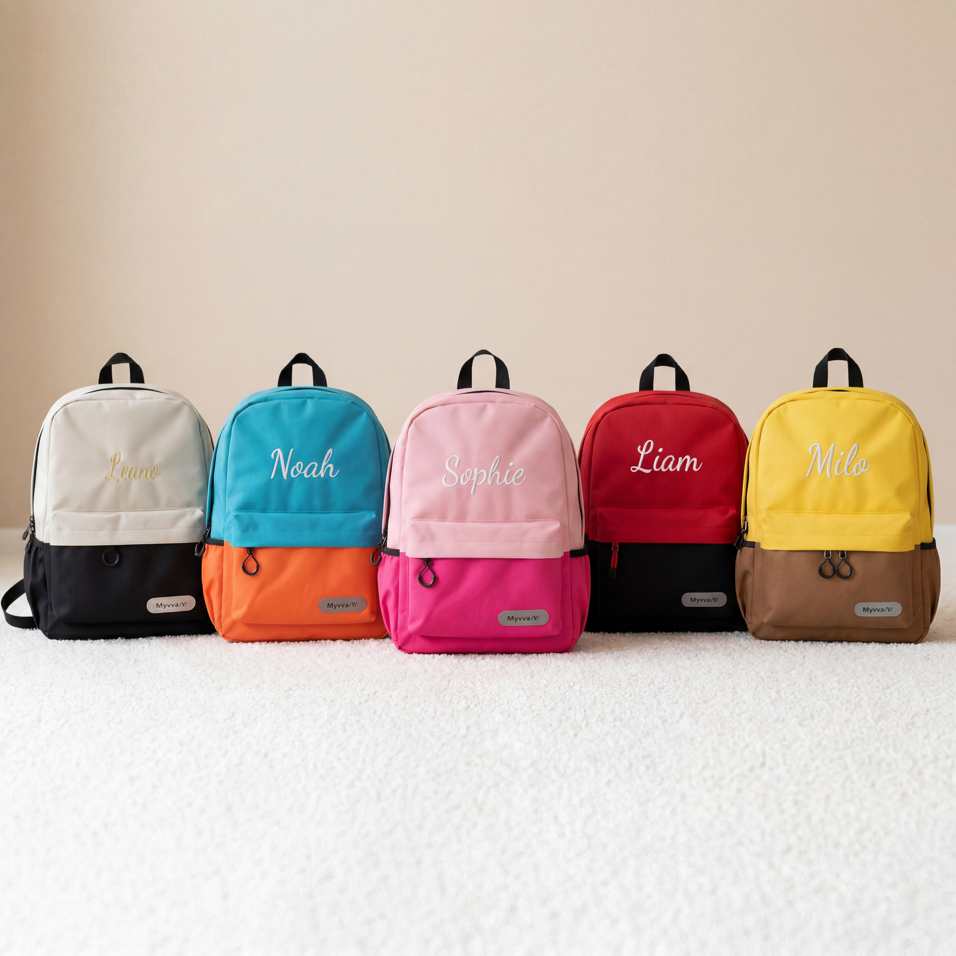 Custom name school backpacks for kids in five colour-block combinations with embroidered script names